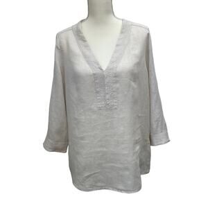 SIGRID OLSEN Top Medium Beige Oatmeal 100% Linen Tunic  Minimalist Boho